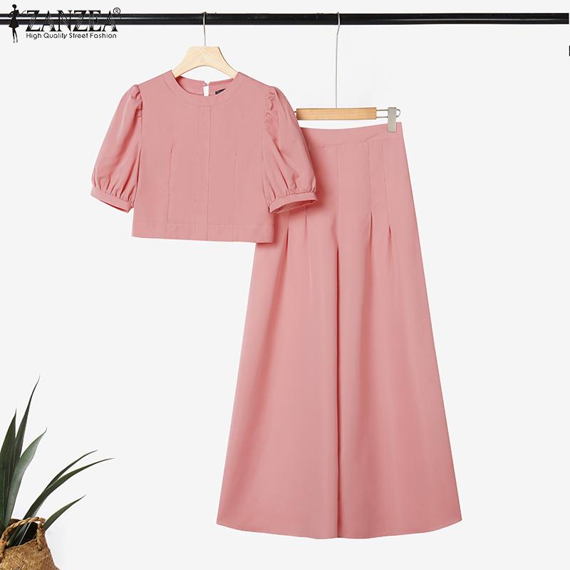 ZANZEA Women Short Sleeve Cropped Tops and Wide Leg Pants Two Piece Suit Sets