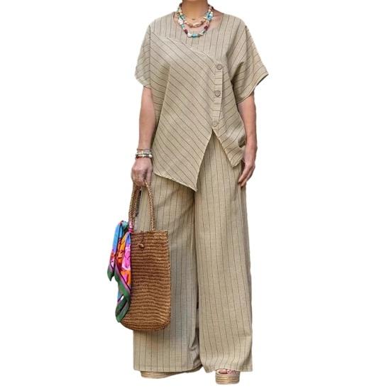 Women s Striped Short Sleeve 2 Piece Outfits Summer Crew Neck Top And Long Pants Matching Lounge Sets with M хаки