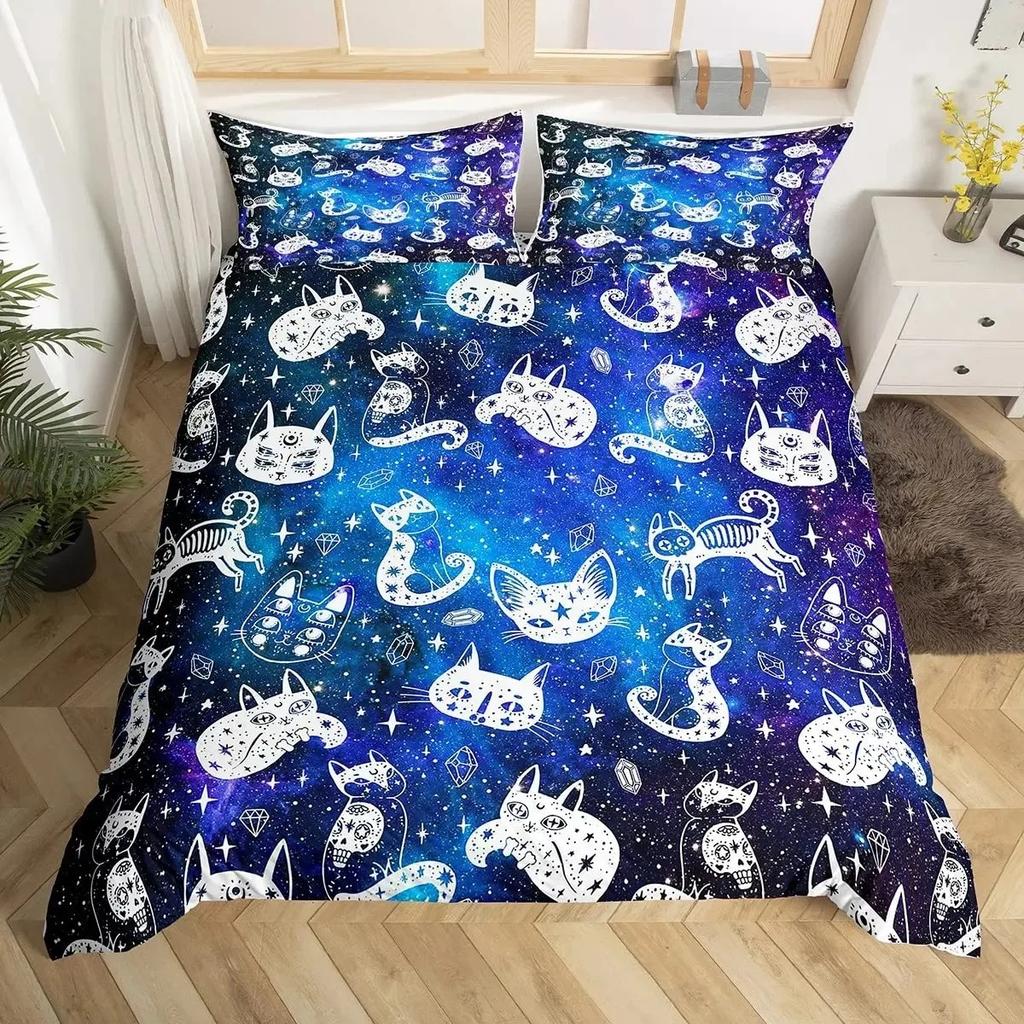 Comforter Galaxy Cat Girls 3D Digital Cat Bedding Set Galaxy Colorful Cat Starry Sky Comforter Lover