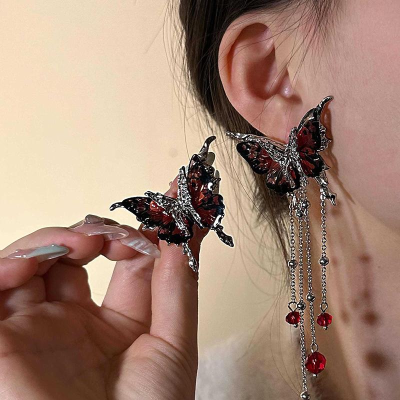Elegent Blue Starry Sky Butterfly Earrings for Women Long Tassels Chain Zircon Luxury Red Drop Earrings Sweet Cool Y2K Jewelry