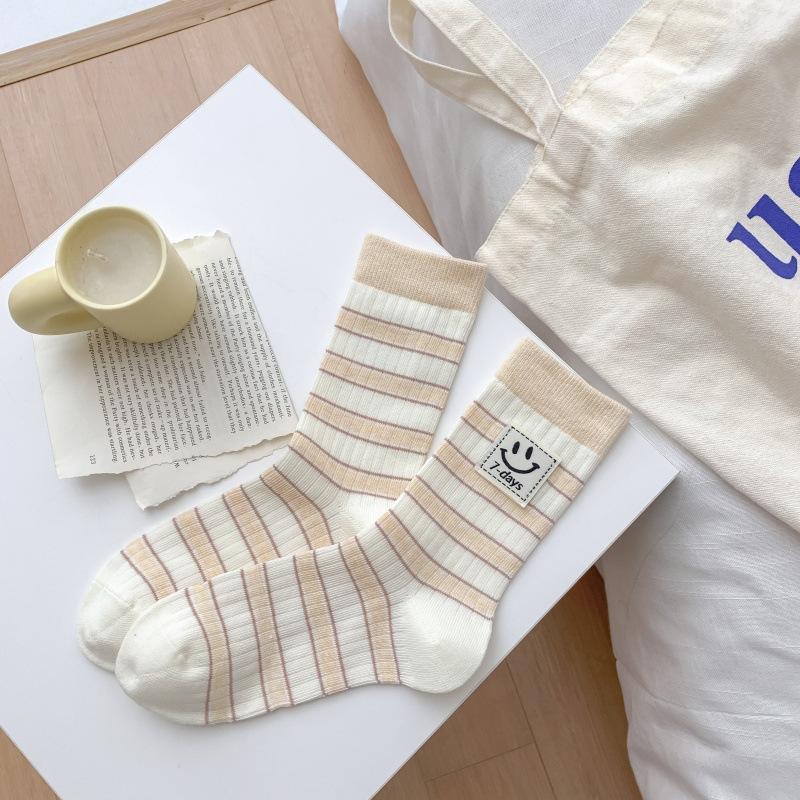 Cartoon Smiley Face Cloth Label Thin Breathable Socks Striped Casual Pile Socks