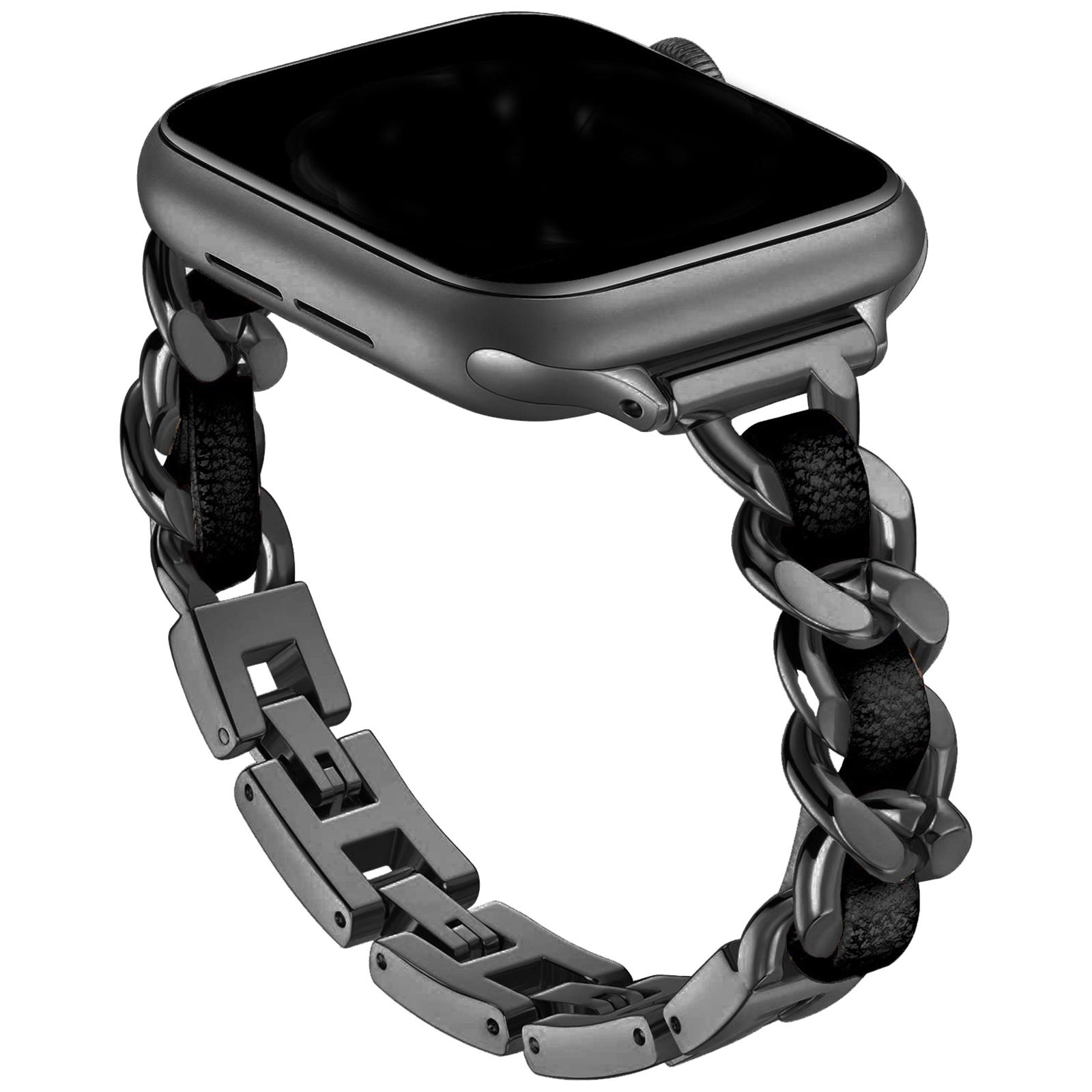 

For Apple Watch 10 46mm/Ultra 2/Ultra 49mm/9 8 7 45mm/SE (2023) SE (2022) SE 6 5 4 44mm/3 2 1 42mm Zinc Alloy+Leather Watch Strap Rose Gold+Black