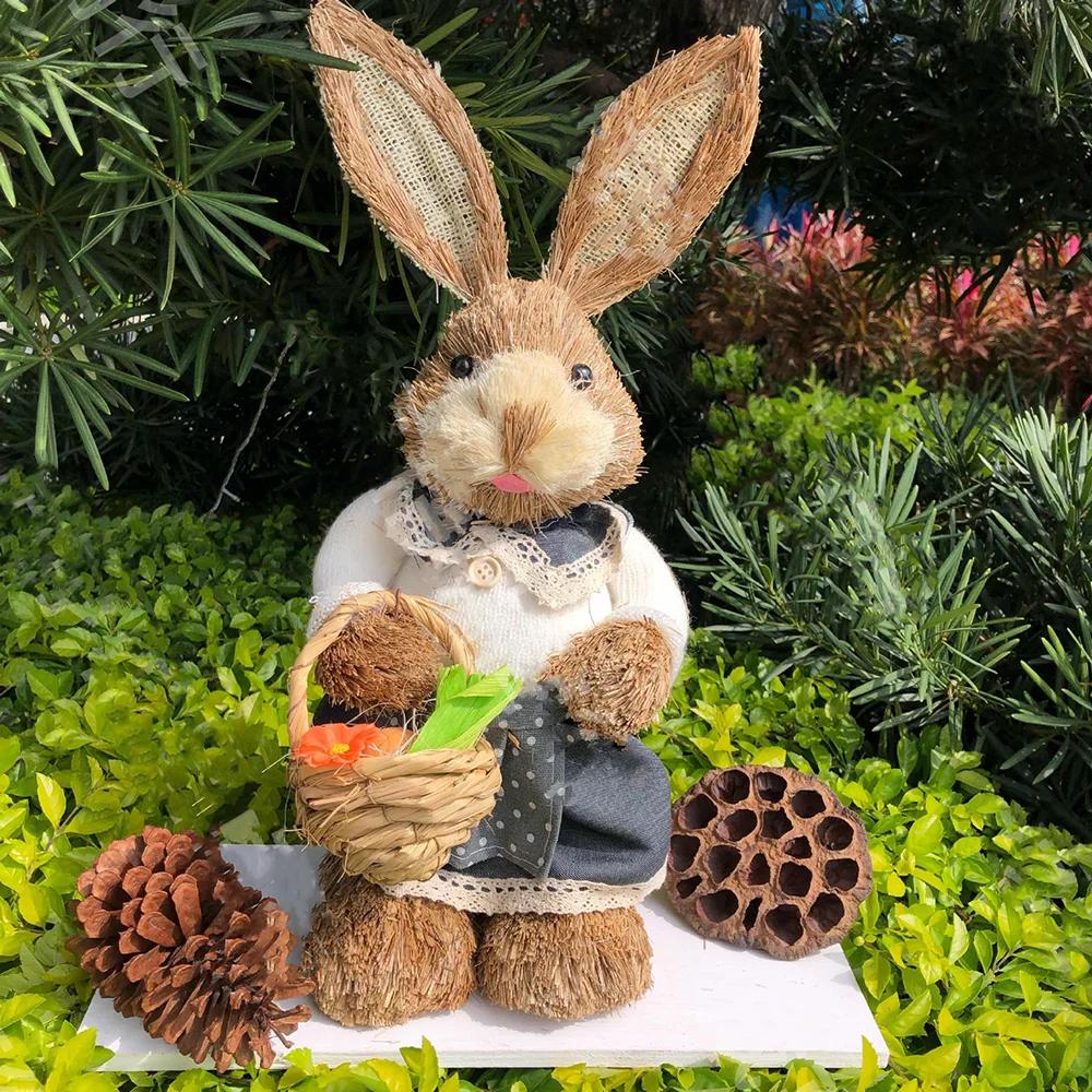 35cm Easter Bunny Decoration Cattail Craft Ornament Cute Rabbit Figure for Home Table Decor Spring Festival Ornament Gift