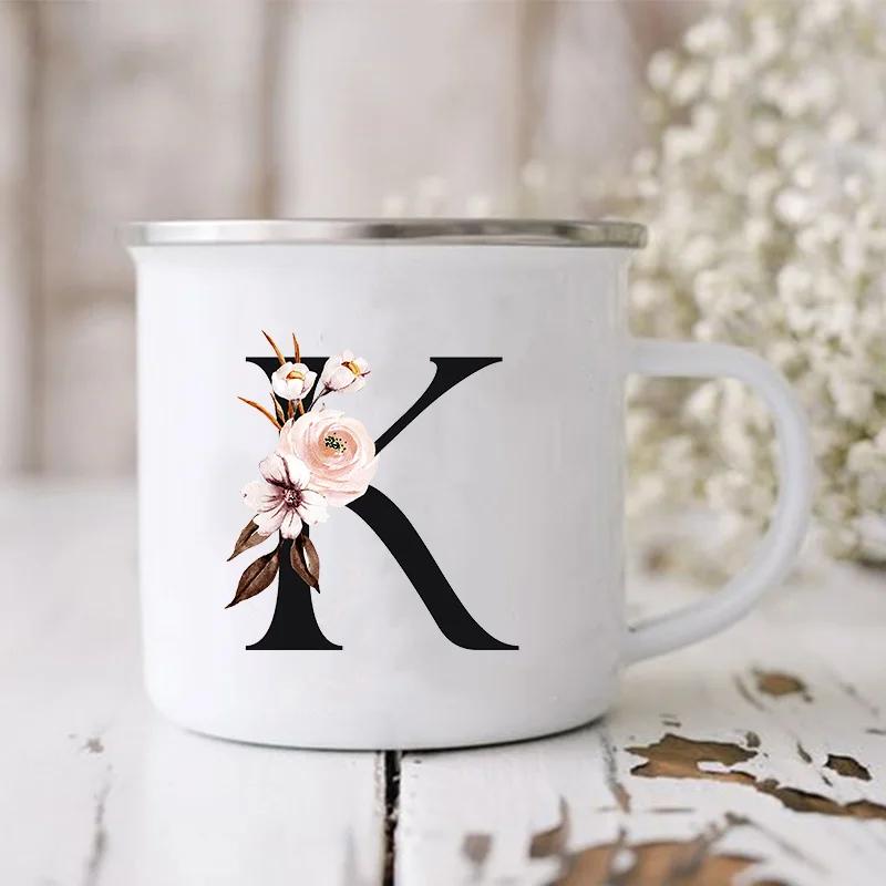 Initial Letter Print Mugs Enamel Creative Coffee Cups Drinks Wine Juice Milk Cup Vintage Home Office Handle Drinkware Best Gifts