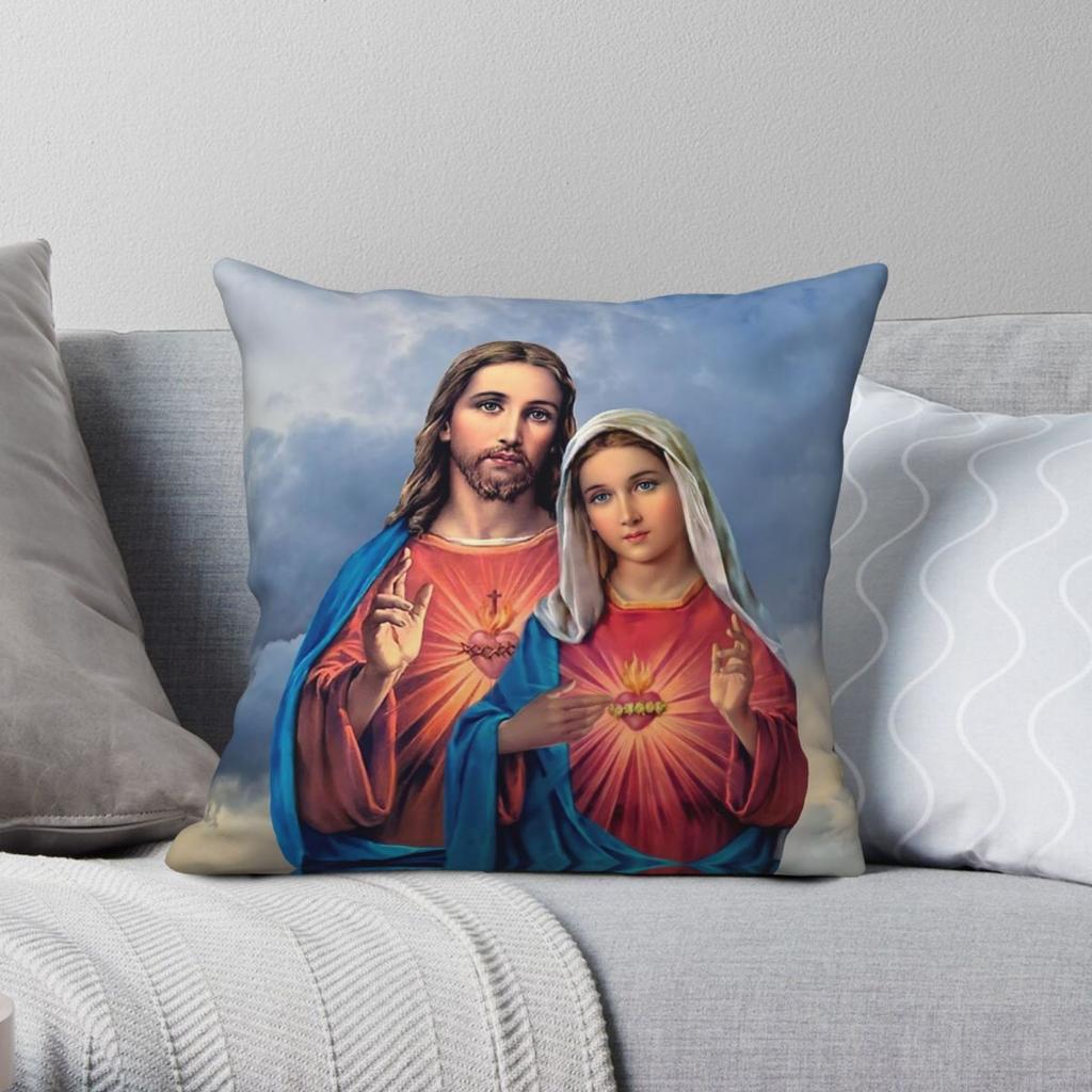 Twin Hearts Close Jesus Mary Square Pillowcase Polyester Linen Velvet Pattern Zip Decor Car Cushion Cover