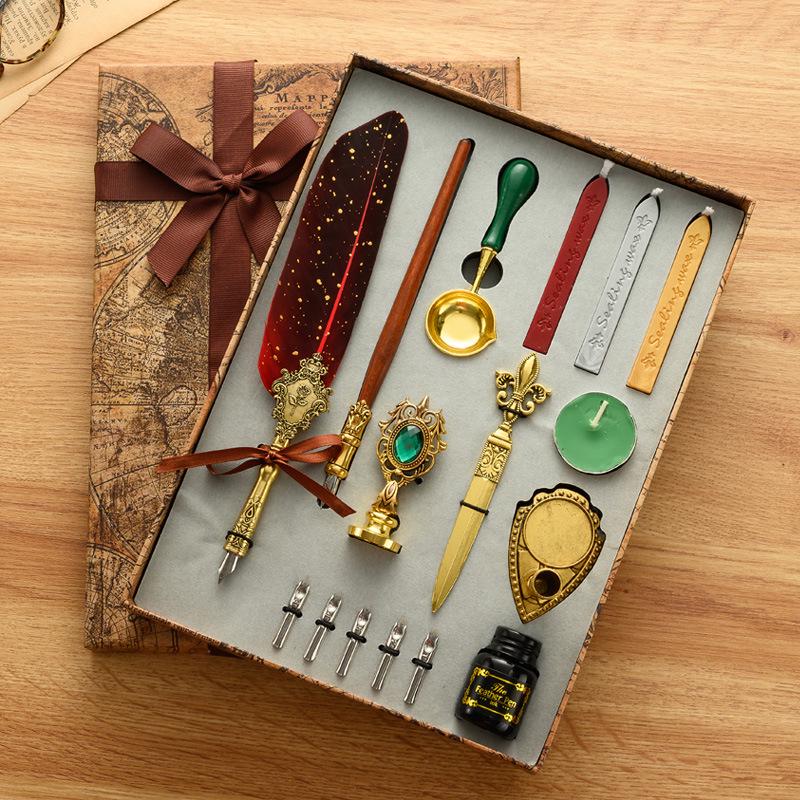 British Style Gold Splatter Feather Pen Set with Custom Logo - Ink Dipping Set, Birthday Gift