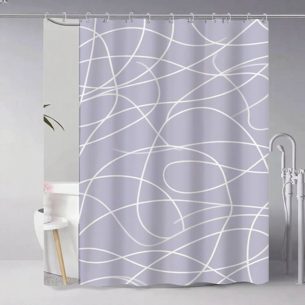 Soft Curvy Line Geometric Minimalist Patterns Shower Curtain, Bathroom Decorative Shower Curtain, Waterproof Curtain With Hooks
