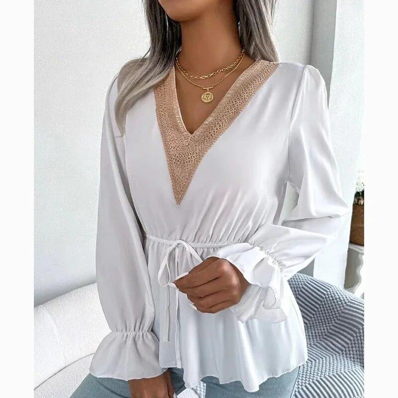 Herbst Vintage V-ausschnitt Spitze Frauen Hemd Lässig Feste Flare Hülse Tops Büro Damen Dünne Spitze-up Elegante Bluse frau 29594