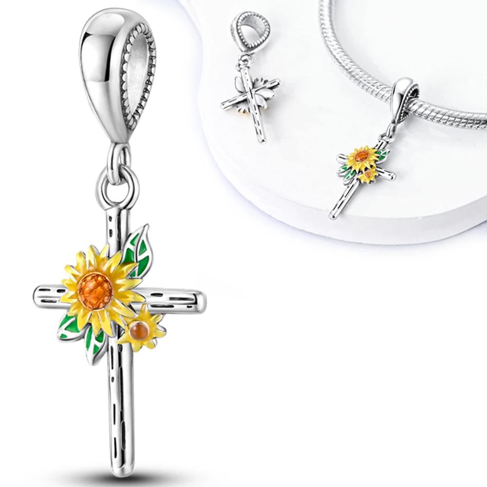 

Authentic Charm Bead Charms copper Plated Creative Sunflower Crucifix Pendant Compatible With Bracelets Ideal For Women Women Jewellery Making Diy білий
