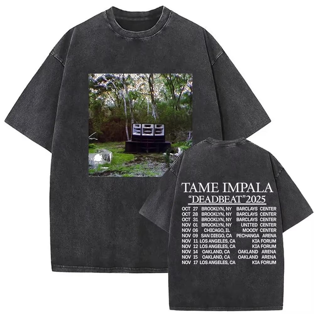 Tame Impala Tour Album Vintage Washed Tshirt Mens Hip Hop Gothic Tshirts Casual Oversized Short Sleeve T Shirt Streetwear