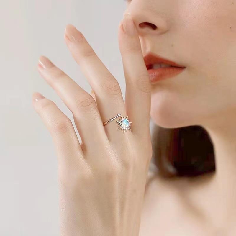 Inel Rotativ Pentru Femei Sunflower Moonstone Silver Adjustable Ring Jewelry Gift Box