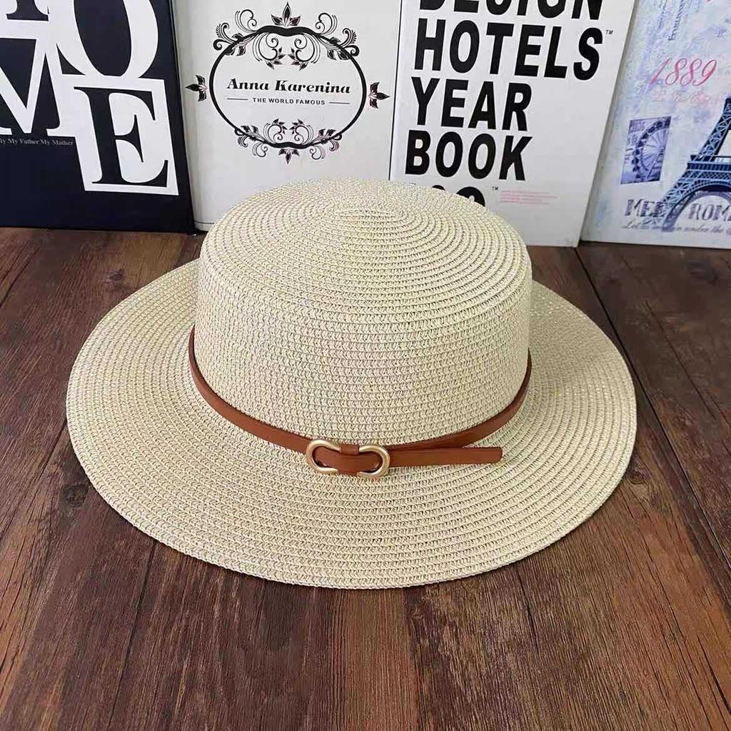 Small Fresh Flat Top Straw Hat Women's Summer Beach Sun Protection Casual Sun Hat French Fashion Temperament Belt Buckle Top Hat