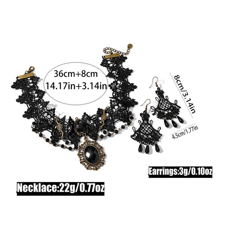 Vintage Lace Gothic Necklace Earring Set Women - Handmade Retro Floral Geometric Pendant Jewelry Accessories