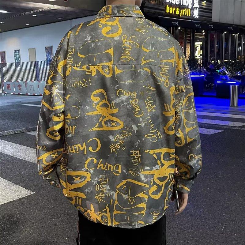 Summer New Youth Students Hong Kong Style Full Printed Short-Sleeved Shirt Korean Style Shirt Men's Long Sleeve Casual Top Shirt Coat
