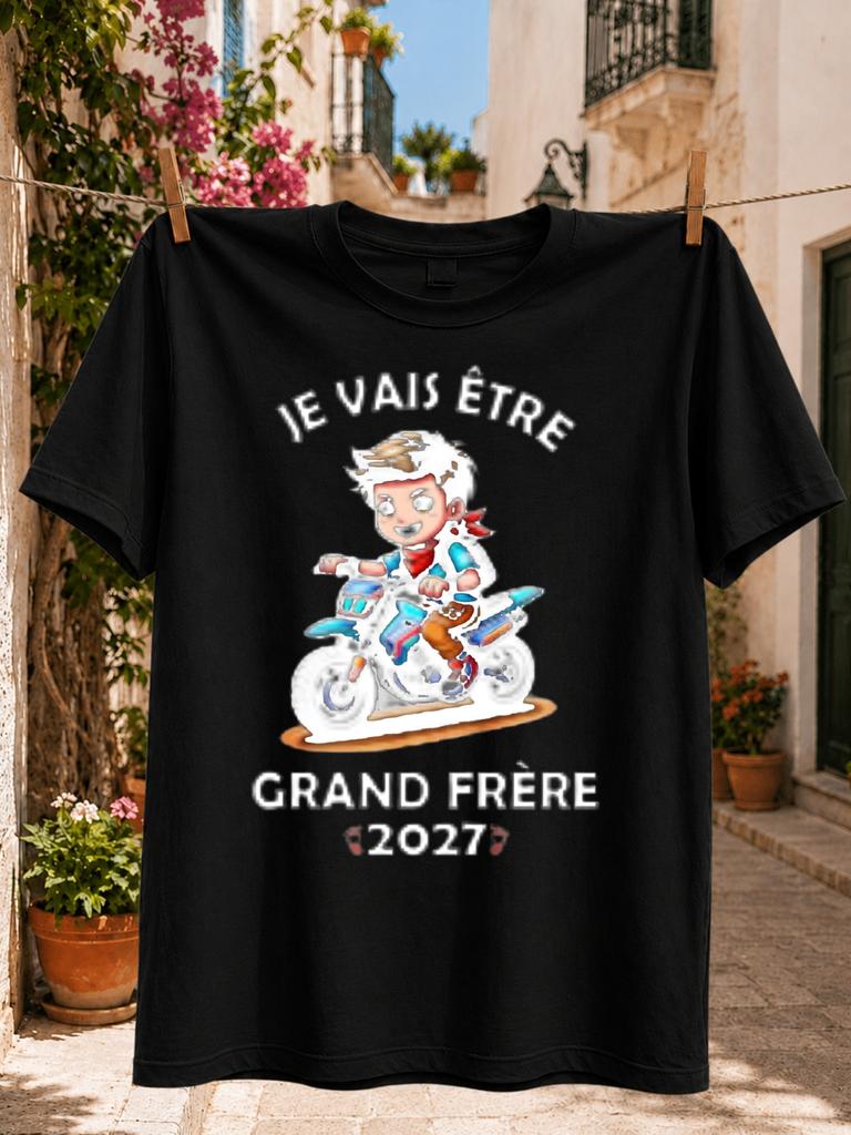 I Am Going To Be A Big Brother In 2027 Graphic Cartoon Riding A Motorcycle With Playful French Unisex All Tshirt