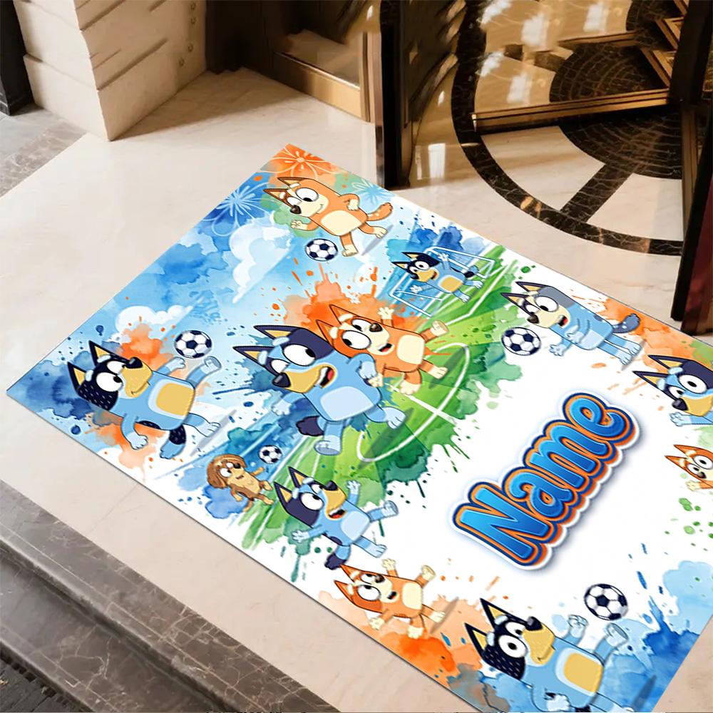 Bluey Soccer Fun Personalized Text Carpet Perfect for Game Room Kitchen Balcony Dining Room Anti-slip Rug Anime Office Decor