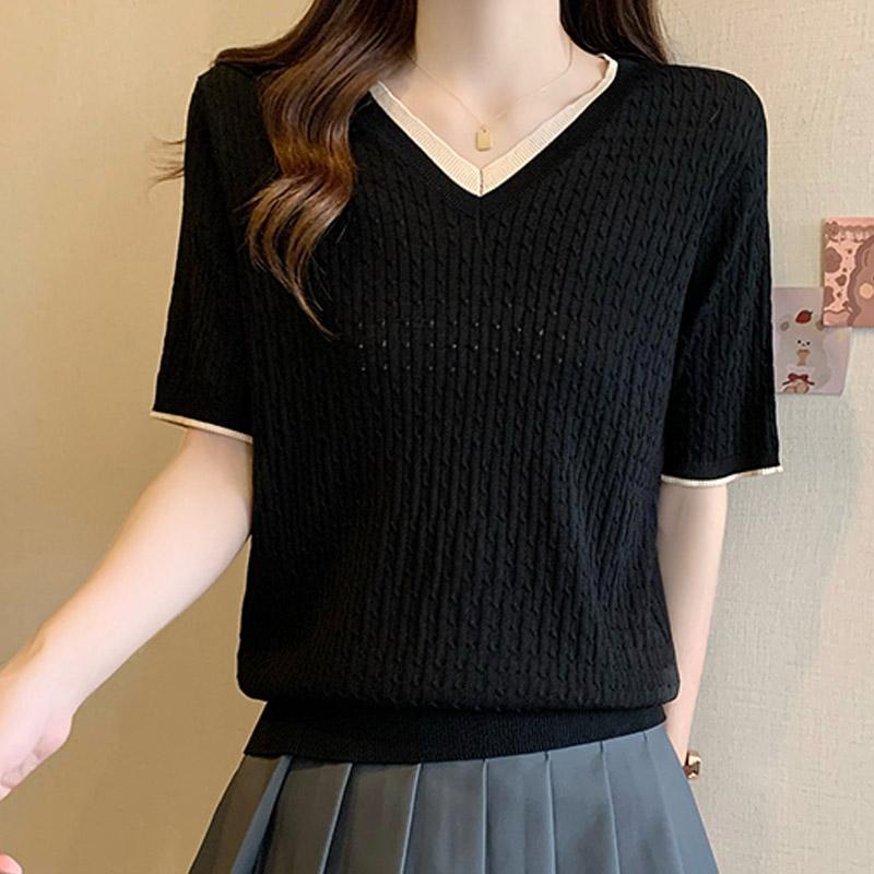 Women Sweaters Pullovers 2025 Summer Short Sleeve V-Neck Black Knitted Sweater Women Tops Pullover JJ221
