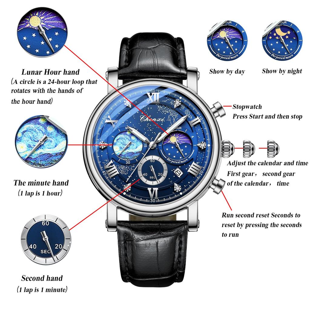 Men's Watch Genuine Leather Strap 3ATM Waterproof black Roman Numerals Analog Display Luminous Calendar Quartz Casual Business Fashion Accessory -