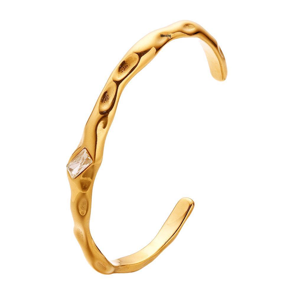 Irregular Green Diamond Open Bracelet in Gold Titanium Steel - Simple, Luxurious, Non-Fading Design