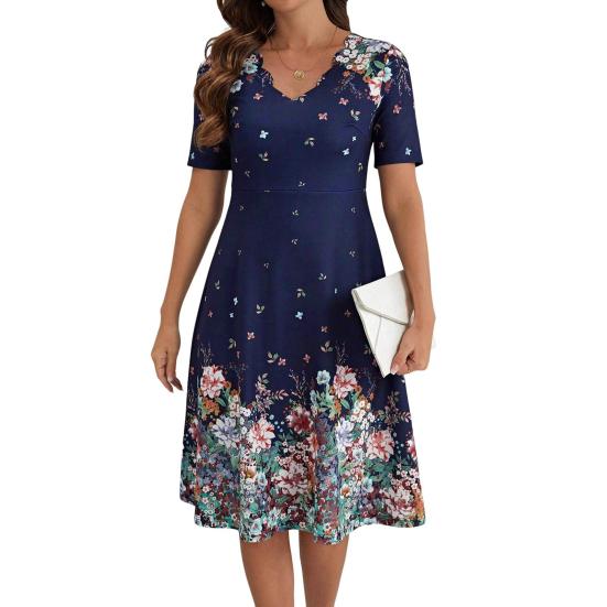 Summer Women Dress Floral Print A-line Loose Hem Short Sleeves Wavy V Neck High Waist Knee Length Commute Party Dating Shopping Midi Dress