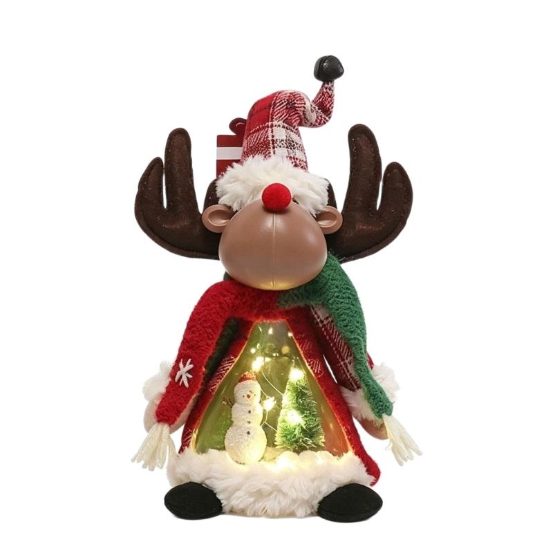 Holiday Display Figurine With Warm LED Glowing, Soft Fabric Christmas Tabletop Decors, Santa Snowman Deer Doll for Shelves, Mantels, and Counters