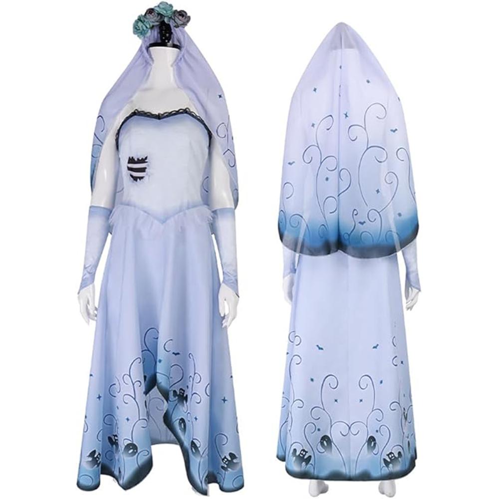 Women Bride Emily Cosplay Wedding Dress Corpse Emily Costume Dress Wig Veil Ghost Bride Suit for Halloween Party