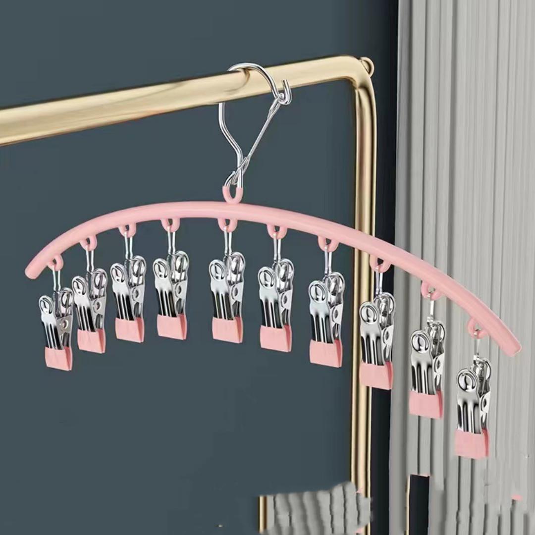 

1 шт. вешалка изогнутой формы, металлические вешалки для штанов для йоги, вешалка для брюк с 10 прищепками, компактные вешалки, органайзер для шкафа с резиновым покрытием, розовый