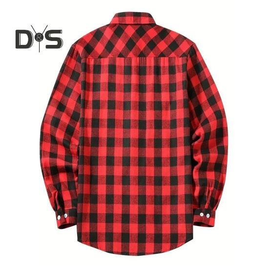 Fall Winter Men Shirt Coat Plaid Print Long Sleeves Chest Pocket Turn-down Collar Single-breasted Loose Contrast Color Jacket