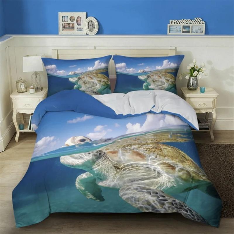 3D Sea Turtle Beddings Set Ocean Duvet Cover Set Teal Mediterranean Style Duvet Cover Queen King Twin Size Bedroom Decoration