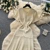 Summer New Brand Fashion Vintage Knitted Dress Women Elegant Hollow Out O-Neck Single Breasted A-Line Long Robes Ladies Dress