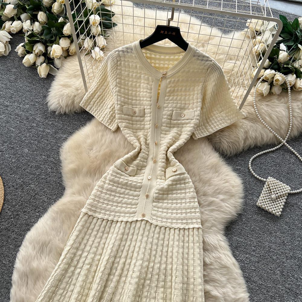 Summer New Brand Fashion Vintage Knitted Dress Women Elegant Hollow Out O-Neck Single Breasted A-Line Long Robes Ladies Dress
