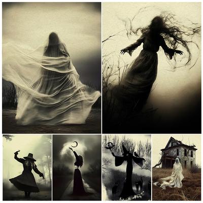 Dancing Witch and Ghost Retro Wall Art Canvas Painting Dark Witch's Beautiful Art Posters and Printed Home