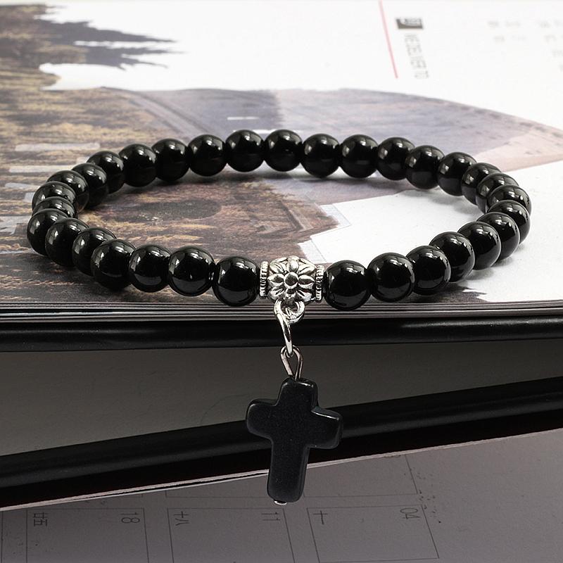 Gebetsarmband 6MM Onyx Natursteinperlen Religion Jesus Kreuz Anhänger Armbänder Armreifen für Männer Frauen Yoga Freundschaft Schmuck