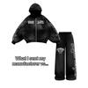 Y2K Streetwear Hooded Zip-Up Long Sleeve Sweatshirt Set Print Loose Fit Womens Casual Outfit 2026
