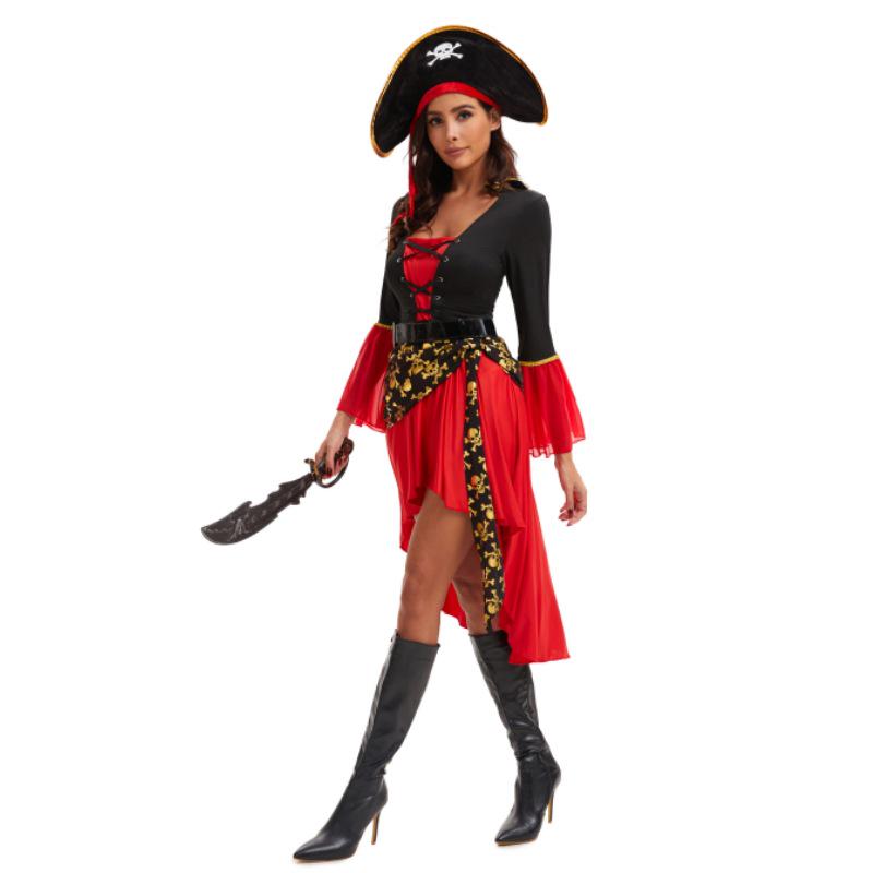 Women's Red Pirate Captain Halloween Costume - Masquerade Role-Playing Stage Outfit