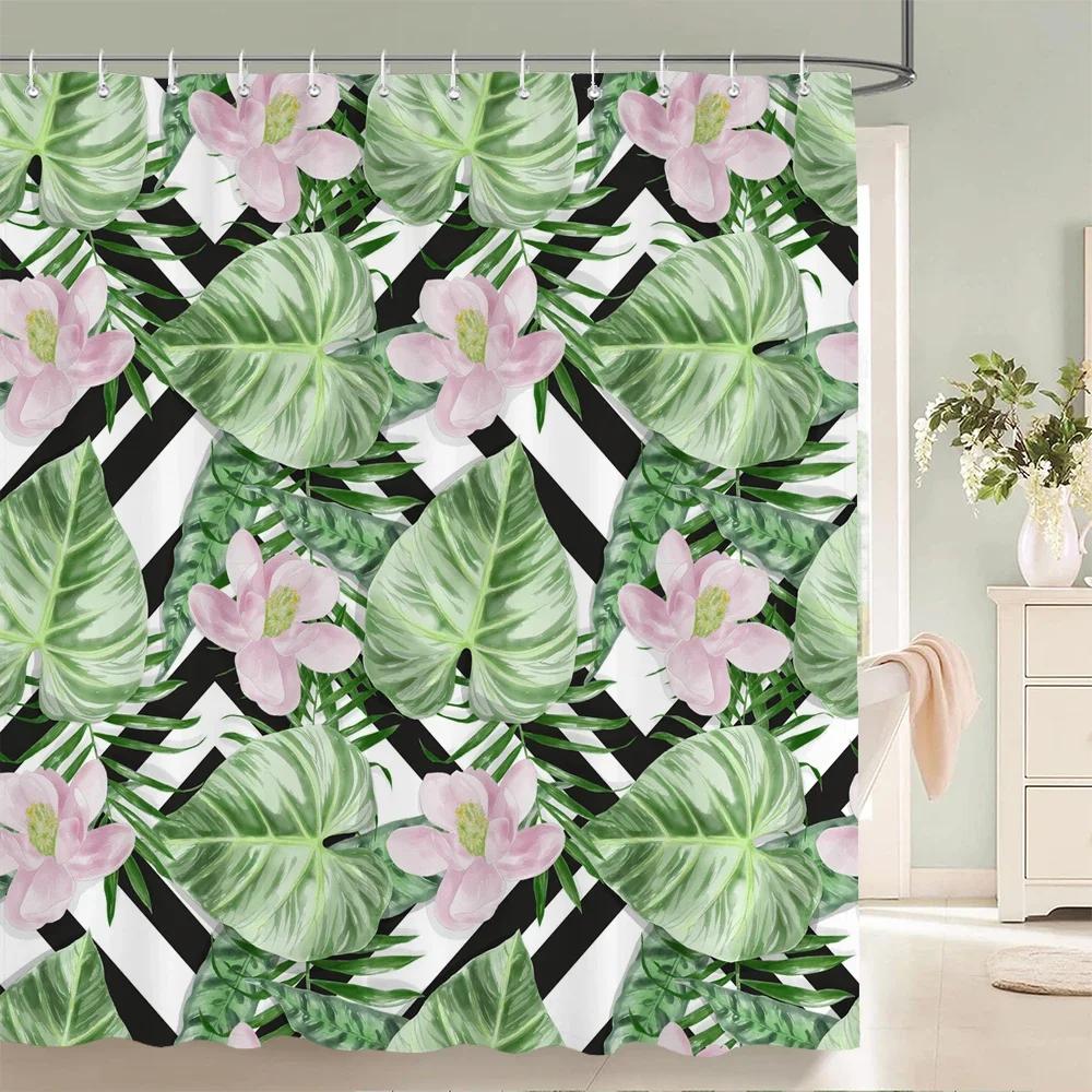 

~O~Tropical Green Plant Leaf Palm Cactus Shower Curtains Bathroom Curtain Frabic Waterproof Polyester Bath Curtain with Hooks W90xH180cm