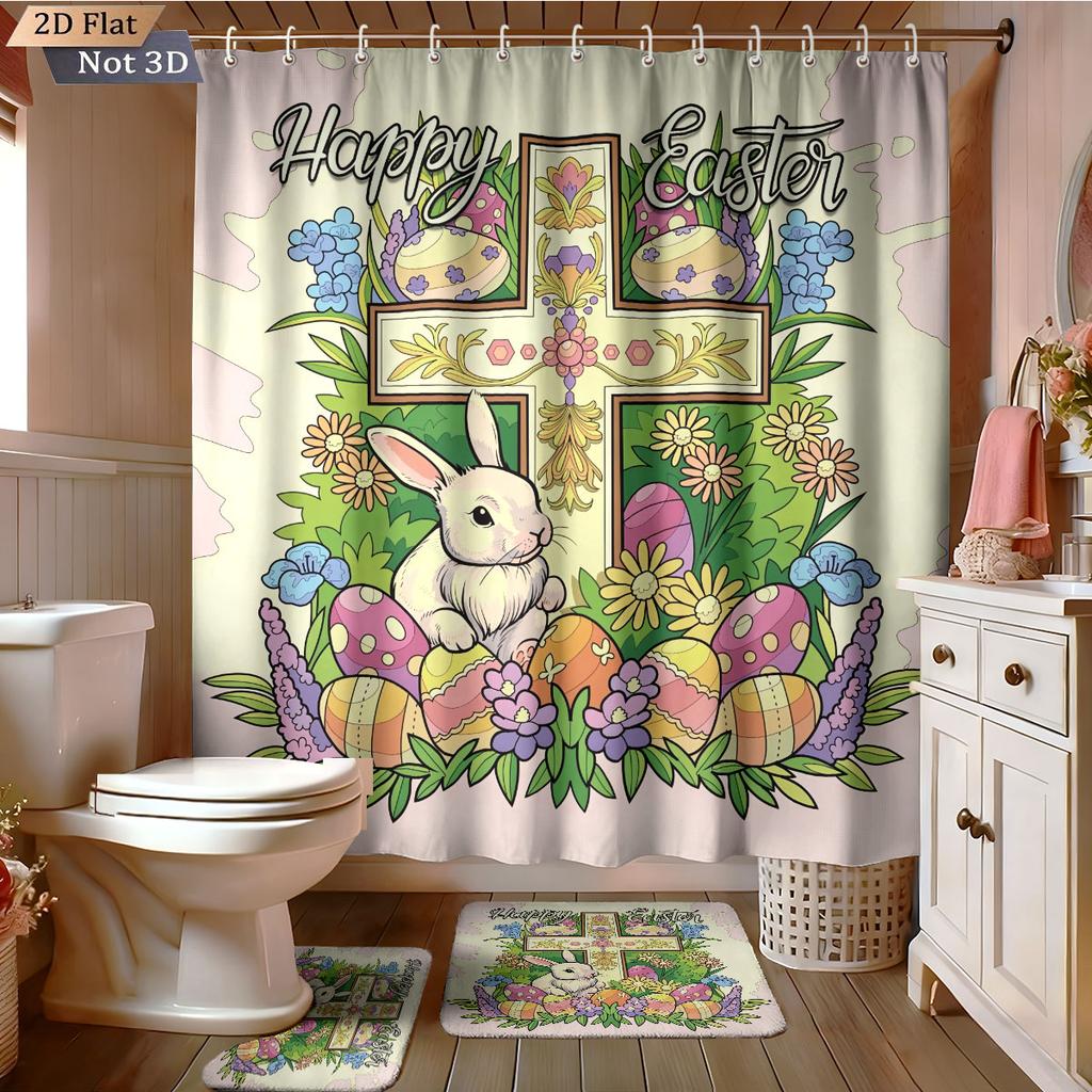 4pcs Easter Cartoon Rabbit Cross Print Bathroom Set 180x180 Waterproof Shower Curtain 12 Hooks Floor Mat Toilet Mat U-Shaped Mat