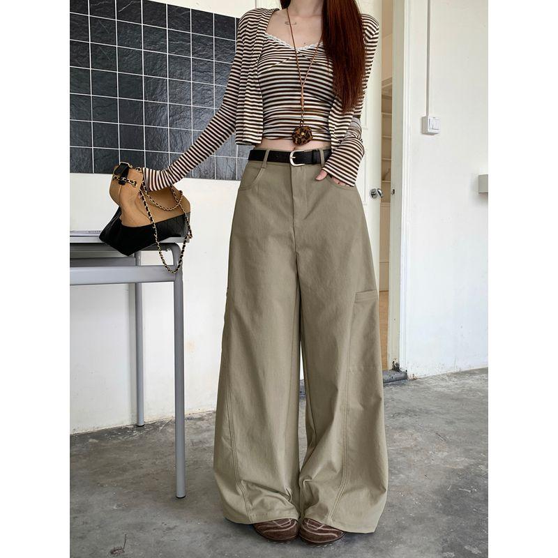 

American Retro Pure Color Loose Drooping Straight Pants Casual Pants Women s Autumn High Waist All-Match Wide Leg Pants Mop Trousers Khaki S