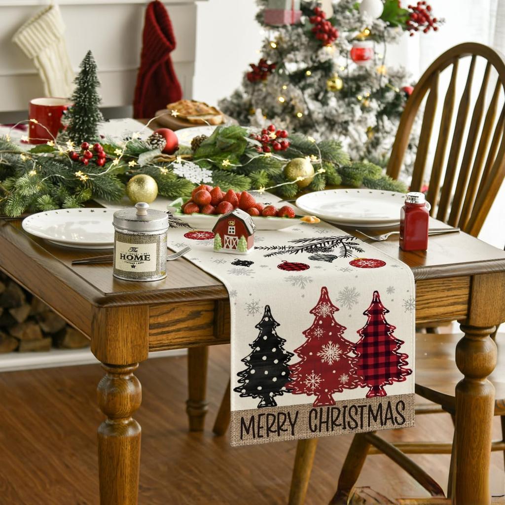 Merry Christmas Red Pine Trees Linen Table Runner Winter Xmas Holiday Party Kitchen Dining Table Decor Navidad Decorations 2025