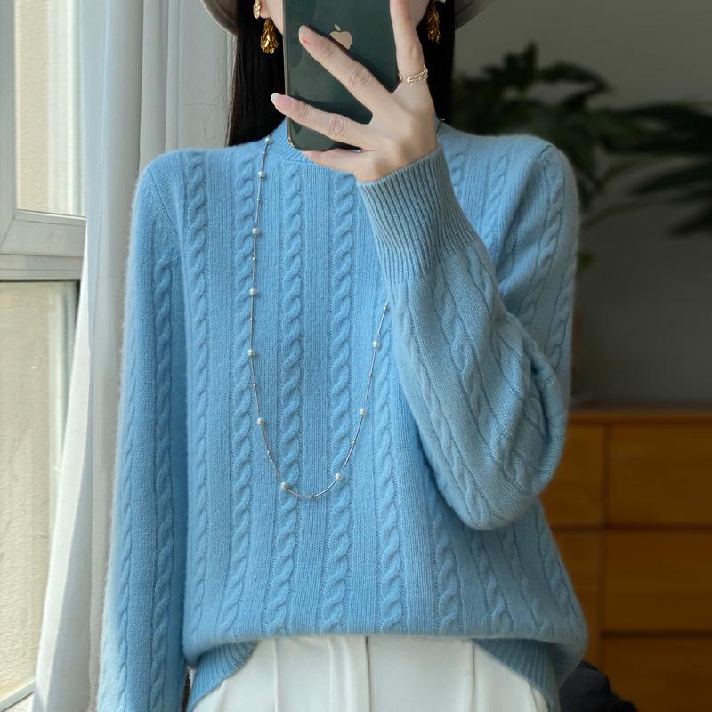 Women's Retro Cable Knit Wool Sweater - Ancola Red Long Sleeve, Half-High Neck, Autumn Winter Style