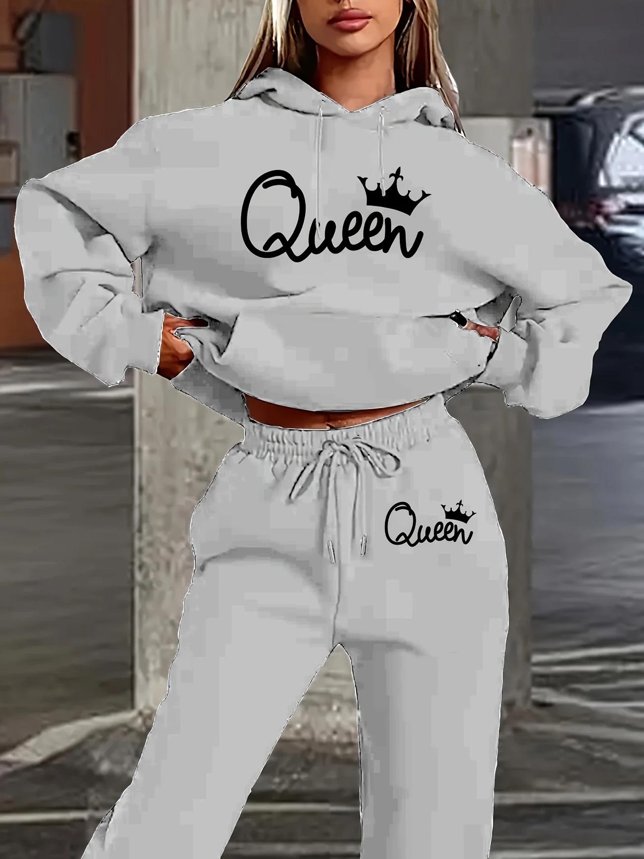 

Трендовый женский худи с принтом букв и комплект длинных брюк - Повседневная мода в европейском и американском стиле M светло-серый