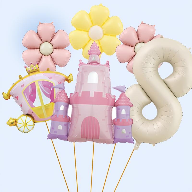 6pcs Castle Princess Carriage-Shaped Aluminum Foil Balloon 40 Inch Cream White Number 1-9 Balloon Set Birthday Party Decoration