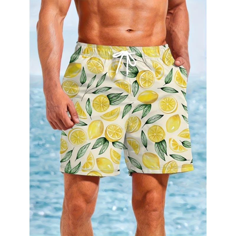 

Men S Beach Shorts Featuring a High-Definition Lemon 3D Print, Quick-Drying Drawstring Swim Trunks, Perfect for Summer Outdoor Activities S