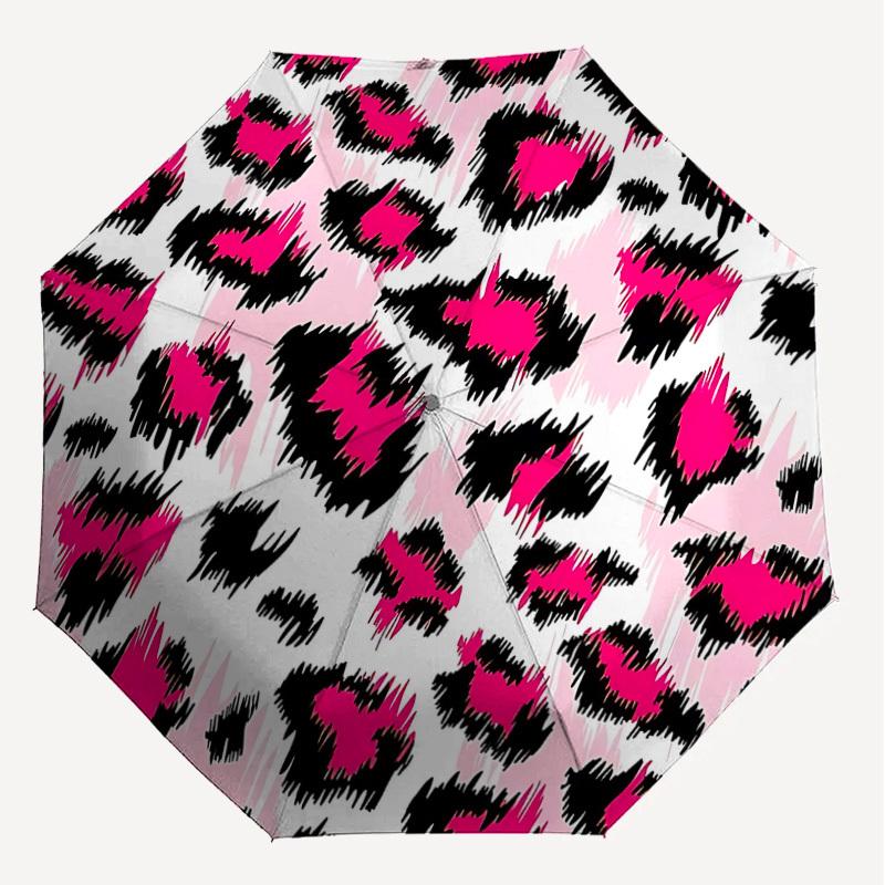 1PC Leopard Print Pink Umbrella-8-Rib Reinforced, Automatic Open, Lightweight & Durable, Cute Fashion Accessory for Outdoor-A1310