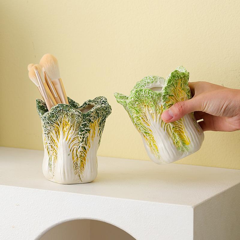 Creative Cabbage Shape Ceramic Makeup Brush Holder Cute Bok Choy Cosmetic Organizer Cup Desk Pen Pencil Pot Table Vanity Decor