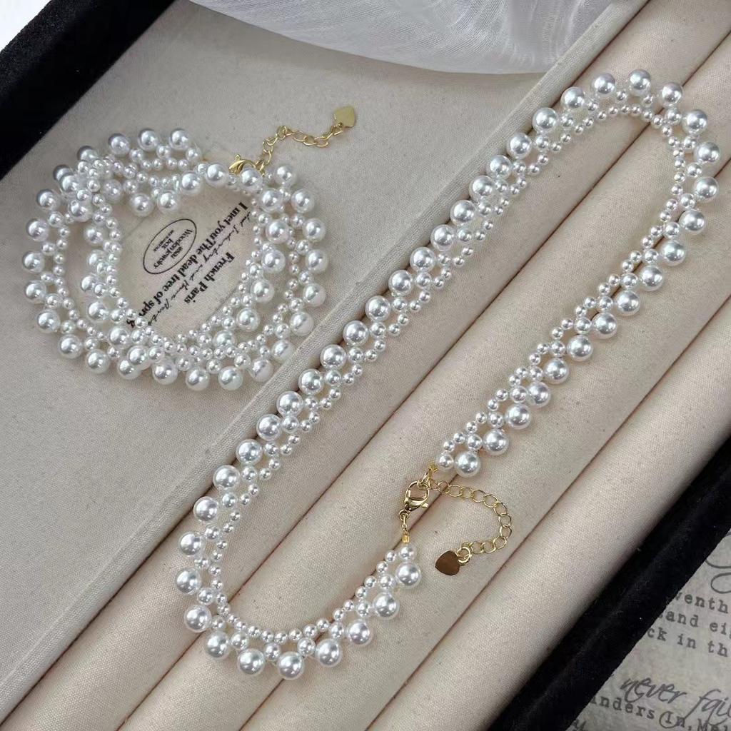 Retro High-Grade Strong Light Positive Circle Artificial Australian White Pearl Woven Necklace Collarbone Chain Evening Chain