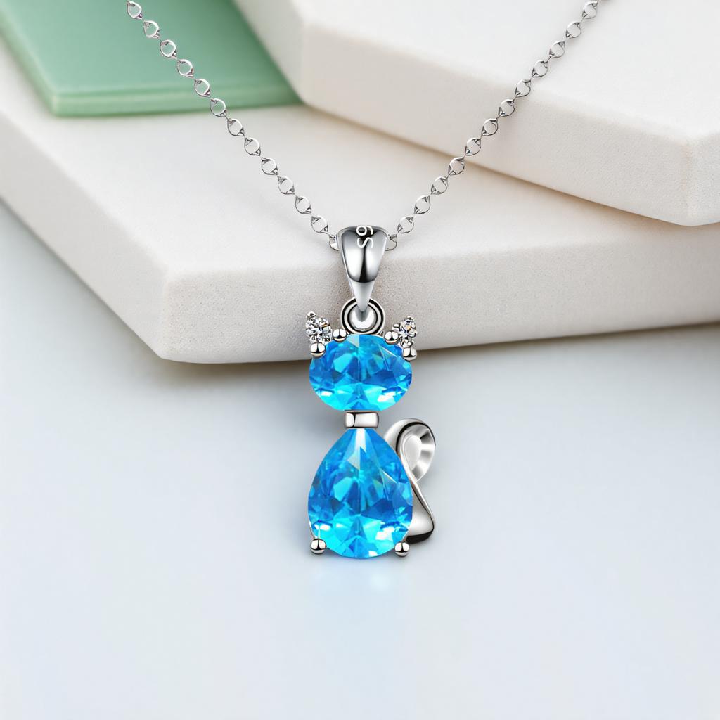 Aqua Blue Pink White Zircon Small Cat Pendant Cute Animal Necklaces For Women Trendy Silver Color Chain Necklace Wedding Jewelry