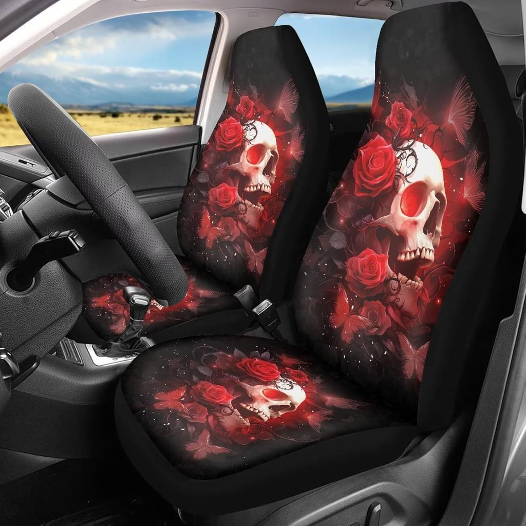 Bulopur Cute Black Gray Skull Set of 2 Car Seat Covers Universal Auto Front Seats Protector Fits for Car,SUV Sedan,Truck
