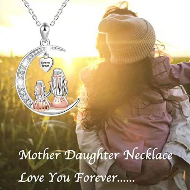 Mom Daughter Family Necklace Love You Forever Silver Color Heart Moon Pendant Zircon Necklaces Women Jewelry Mother's Day Gift