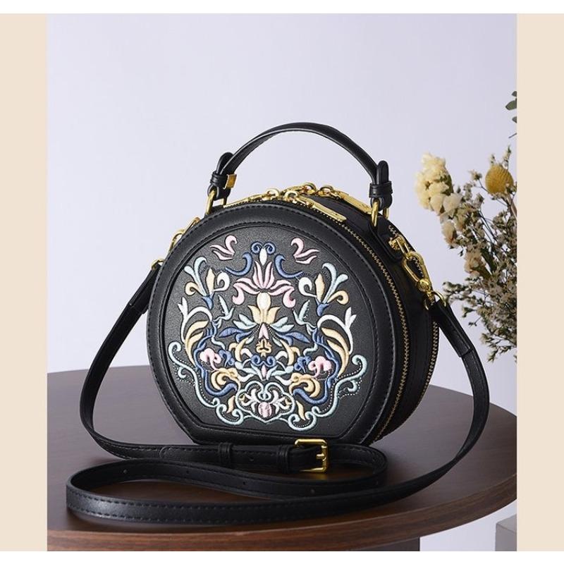 Vintage κέντημα στρογγυλή τσάντα ώμου, τσάντα χειρός με φερμουάρ, τσάντα κλασικής τάσης